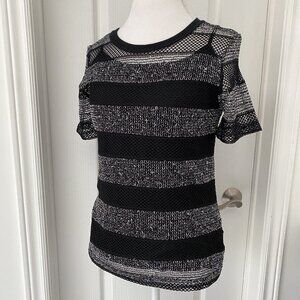 Guess by Marciano Black Metallic Mesh Stripe Top Size M Sheer Short Sleeve